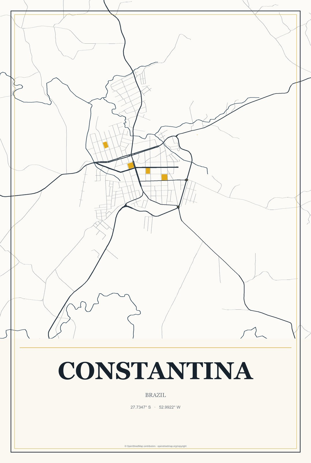 Constantina, Brazil City Map Aluminum Sign in Citrine Modern style