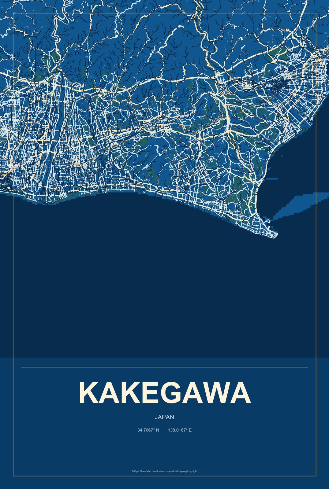 Kakegawa, Japan City Map Aluminum Sign in Harbor Cobalt style