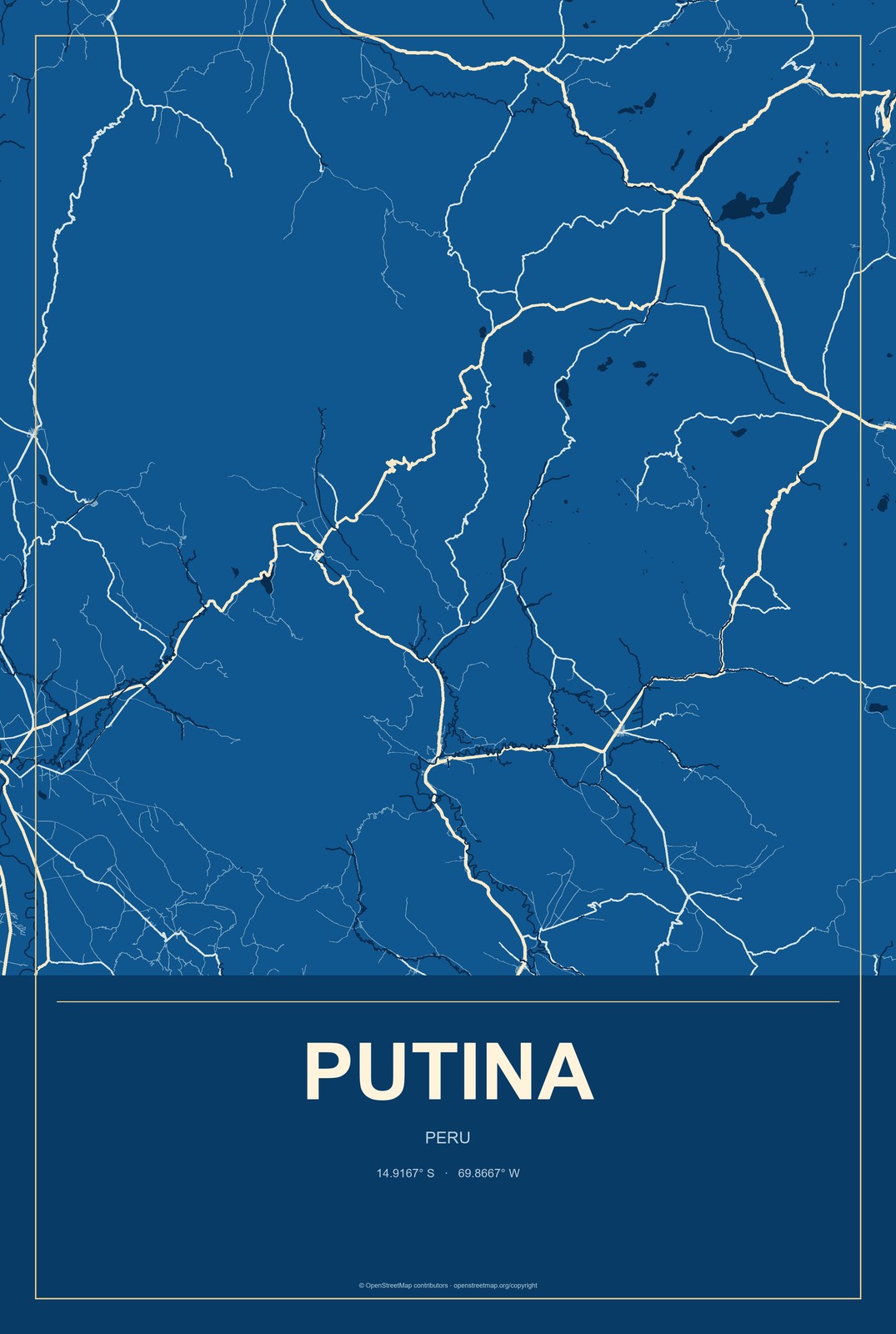 Putina, Peru City Map Aluminum Sign in Harbor Cobalt style