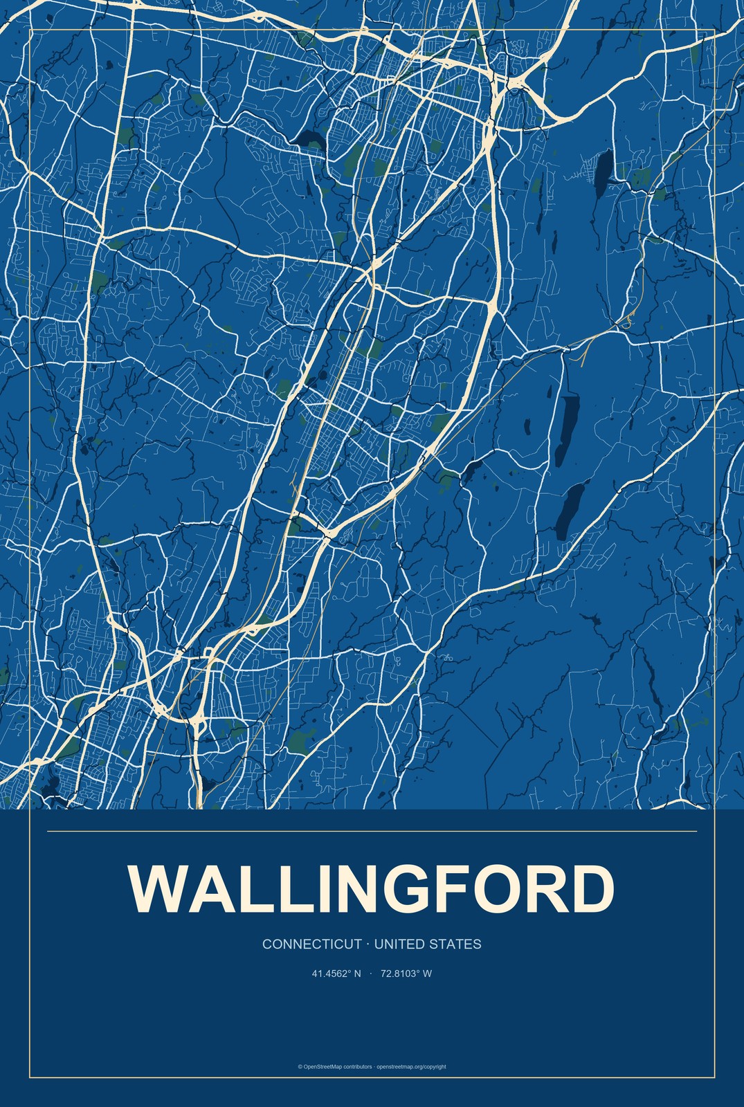 Wallingford, Connecticut City Map Aluminum Sign in Harbor Cobalt style