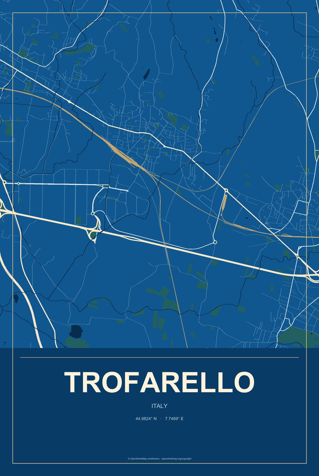 Trofarello, Italy City Map Aluminum Sign in Harbor Cobalt style