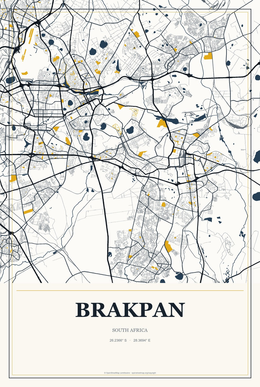 Brakpan, South Africa City Map Aluminum Sign in Citrine Modern style