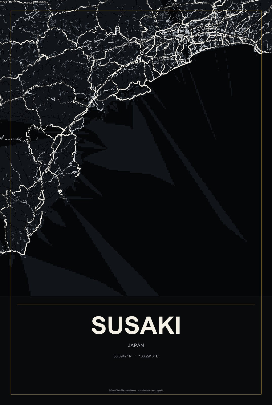 Susaki, Japan City Map Aluminum Sign in Metropolitan Noir style