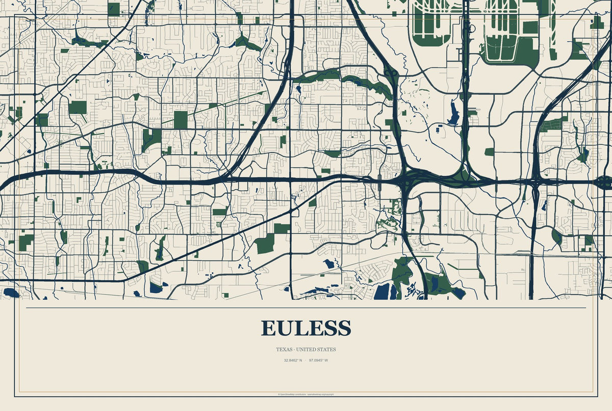 Euless, Texas City Map Aluminum Sign in Coastal Cutout style