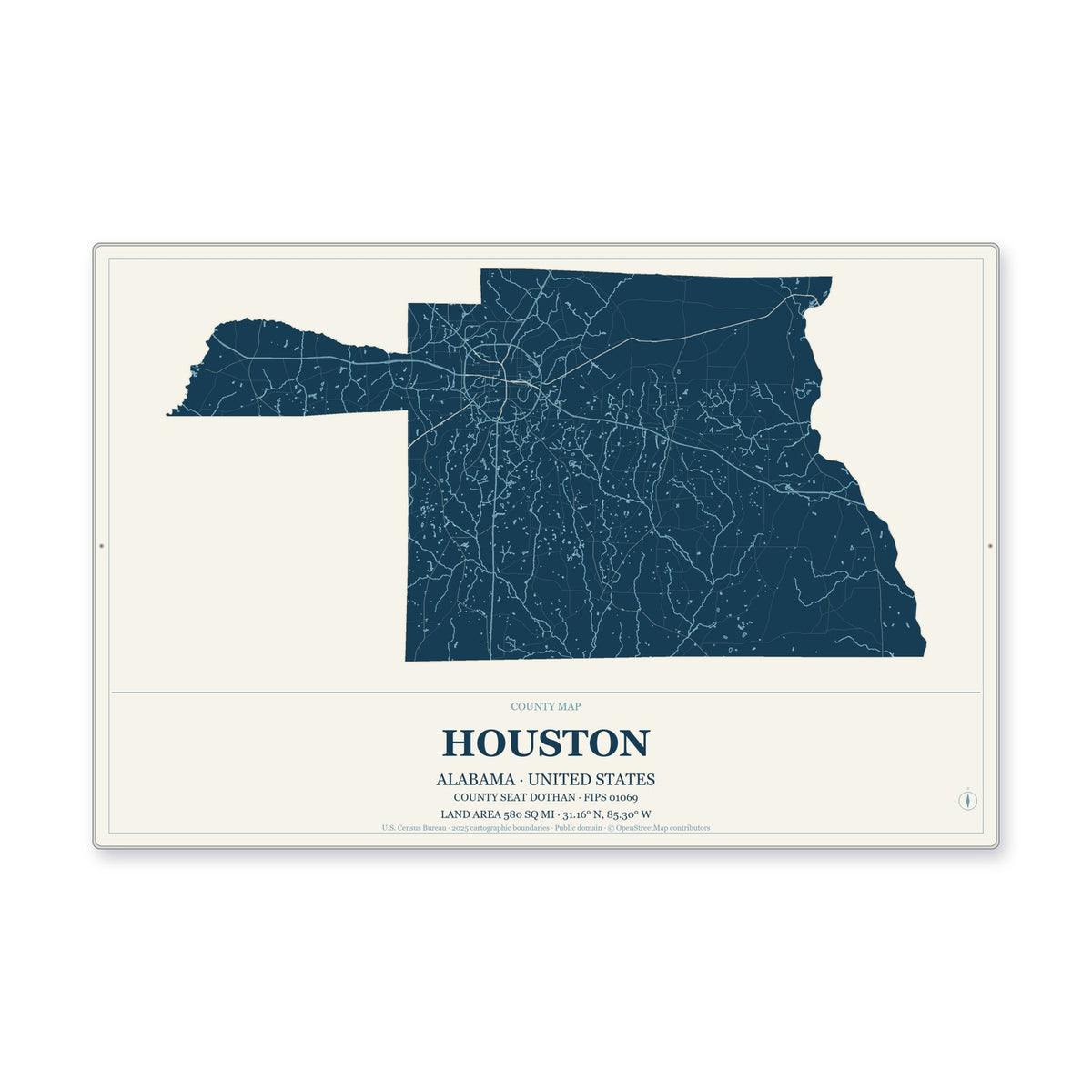 Houston County, Alabama Map Aluminum Sign in Coastal Cutout style