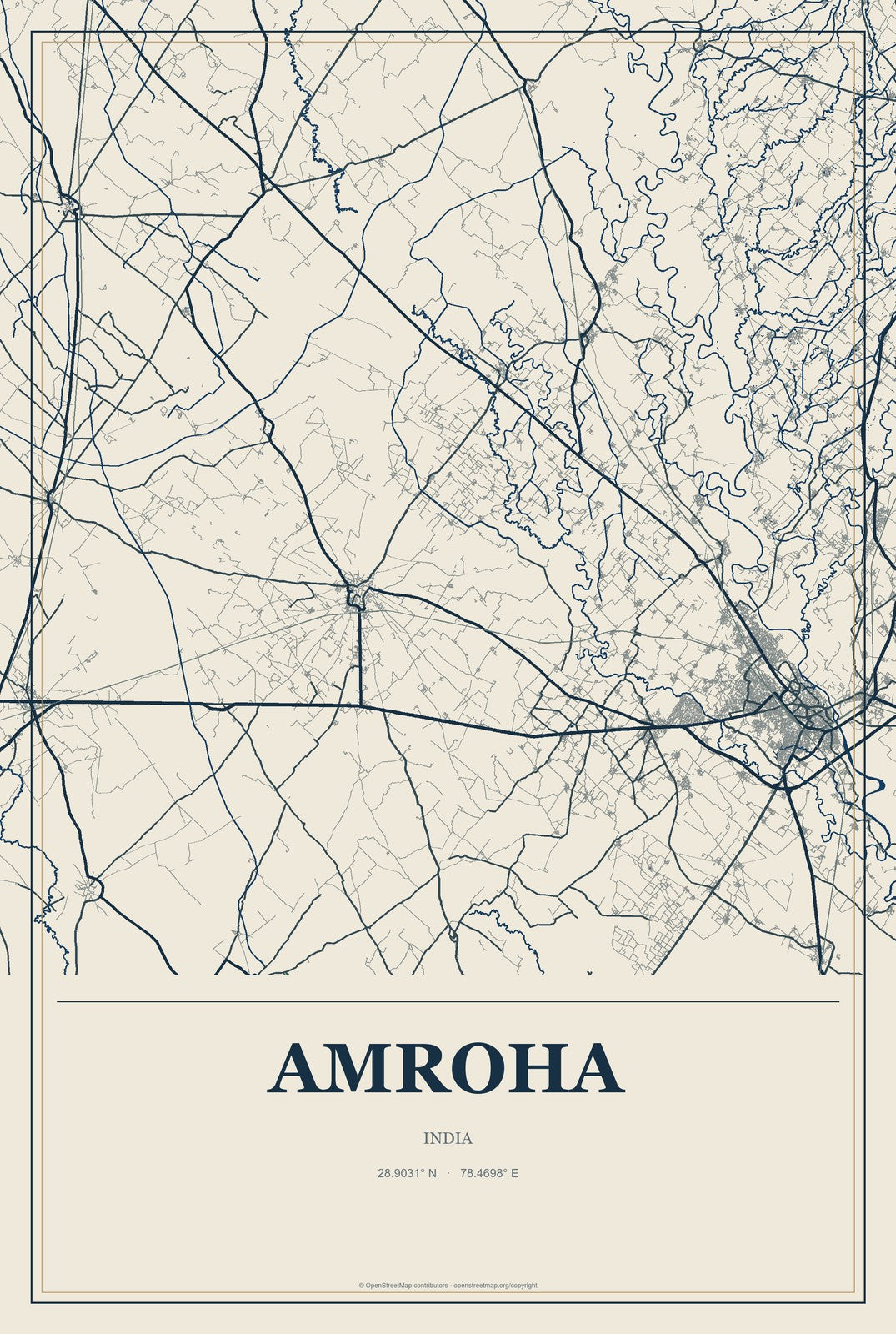 Amroha, India City Map Aluminum Sign in Coastal Cutout style