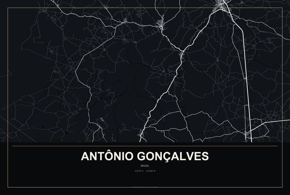 Antônio Gonçalves, Brazil City Map Aluminum Sign in Metropolitan Noir style