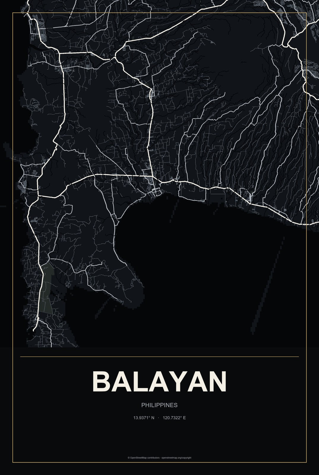 Balayan, Philippines City Map Aluminum Sign in Metropolitan Noir style