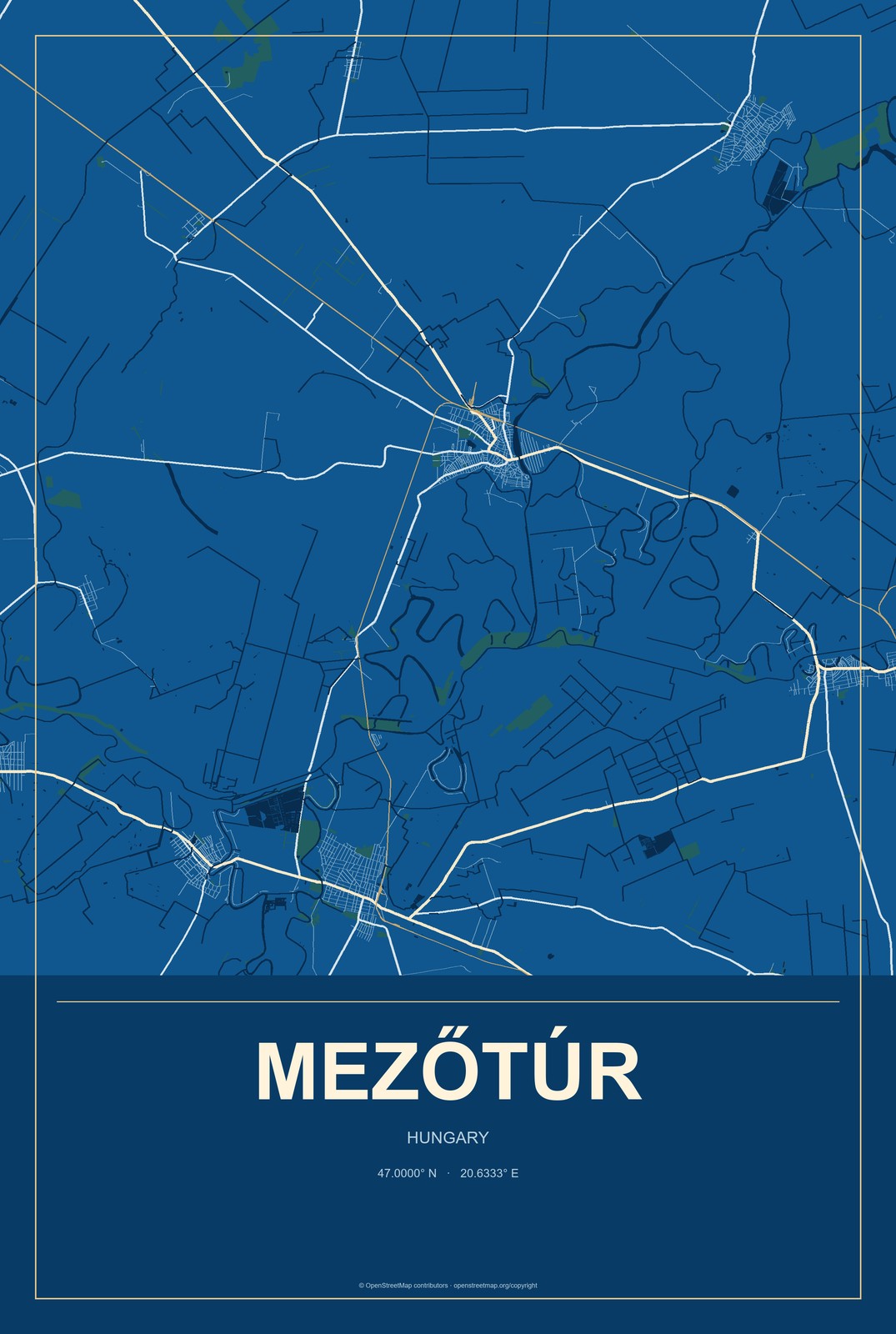 Mezőtúr, Hungary City Map Aluminum Sign in Harbor Cobalt style