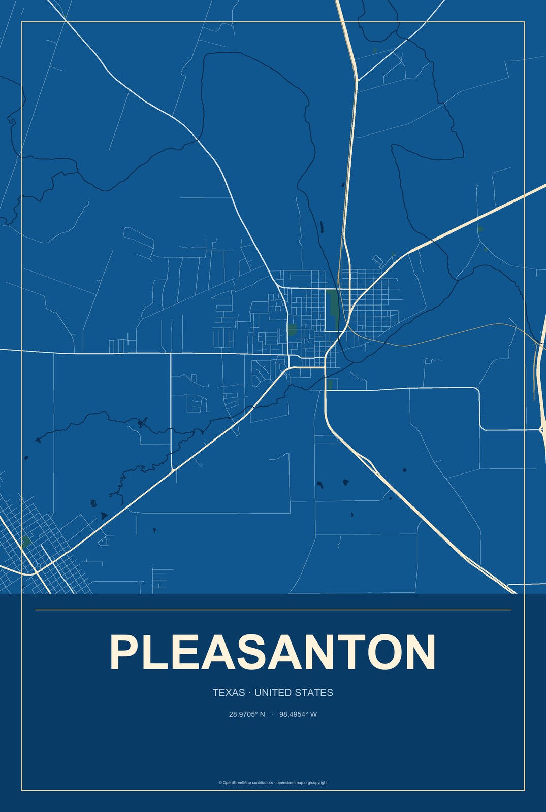 Pleasanton, Texas City Map Aluminum Sign in Harbor Cobalt style