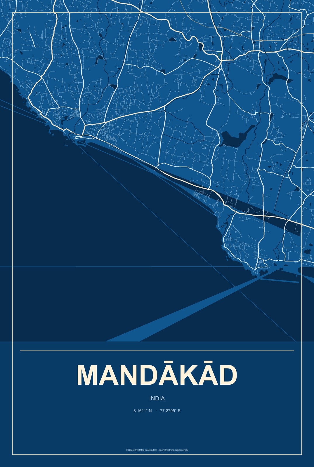Mandākād, India City Map Aluminum Sign in Harbor Cobalt style