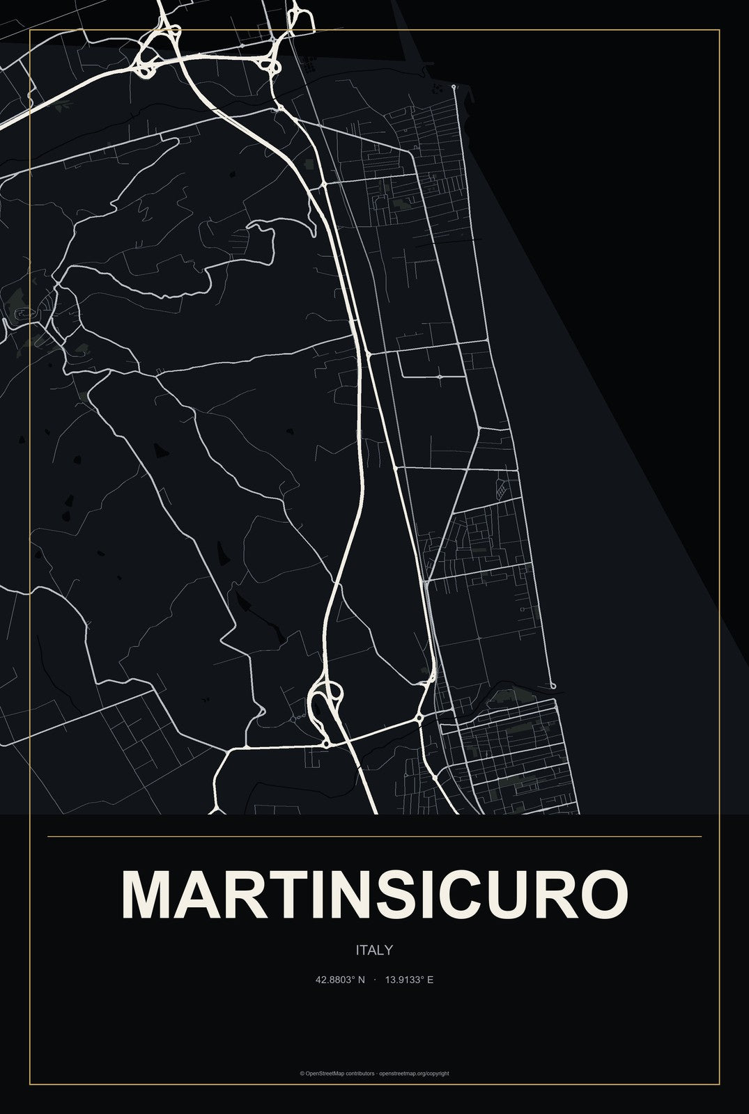 Martinsicuro, Italy City Map Aluminum Sign in Metropolitan Noir style