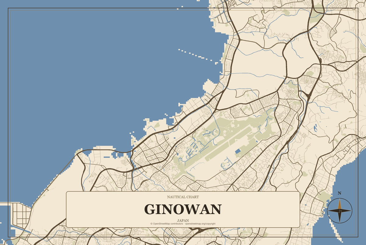 Ginowan, Japan City Map Aluminum Sign in Heritage Nautical style