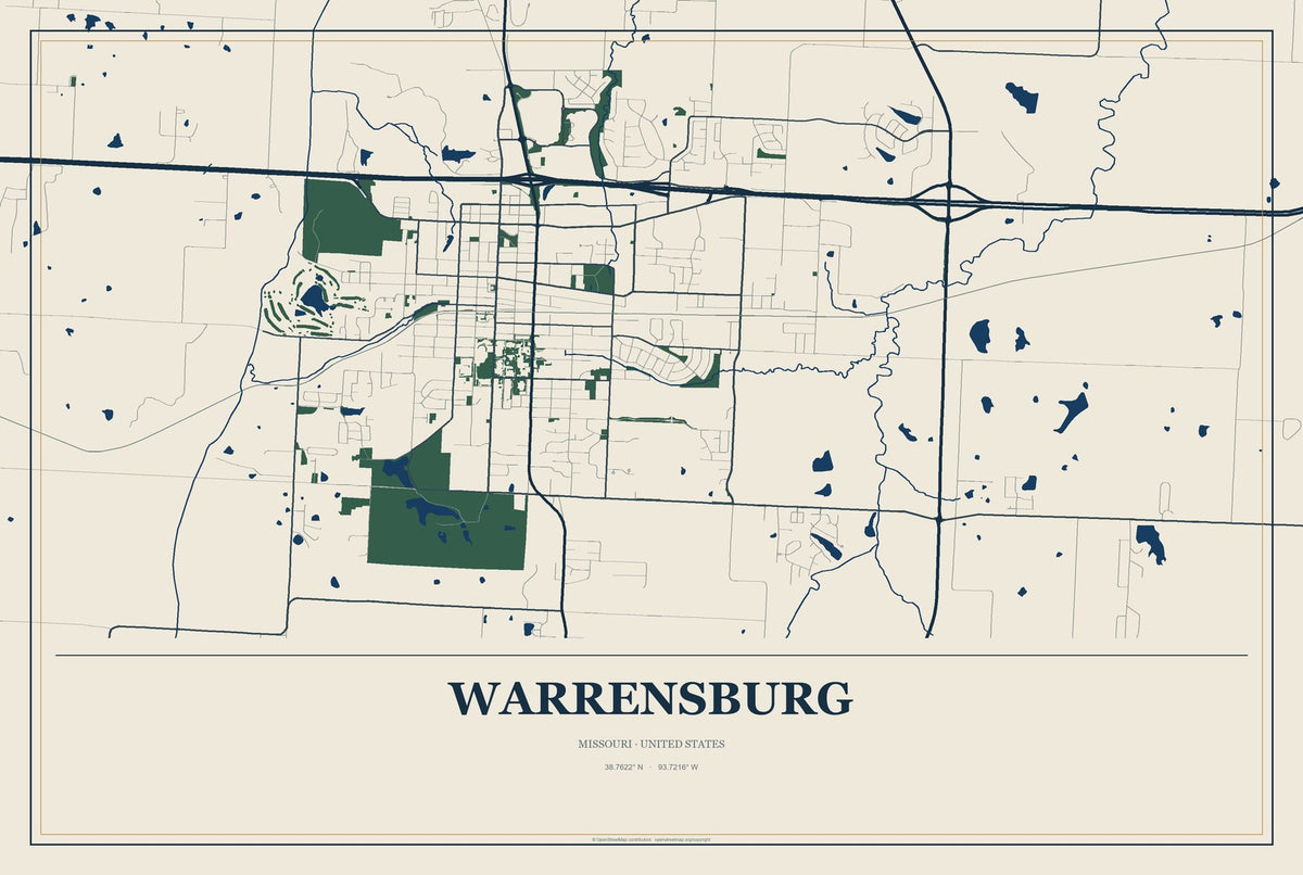 Warrensburg, Missouri City Map Aluminum Sign in Coastal Cutout style