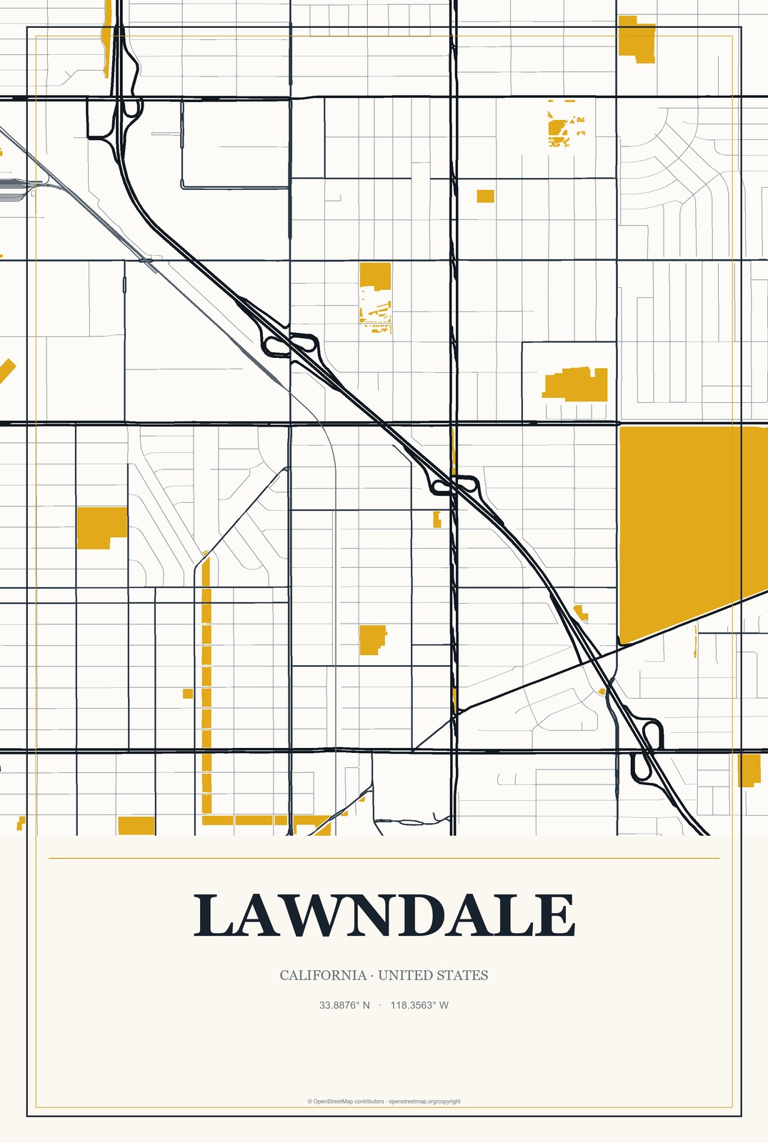 Lawndale, California City Map Aluminum Sign in Citrine Modern style