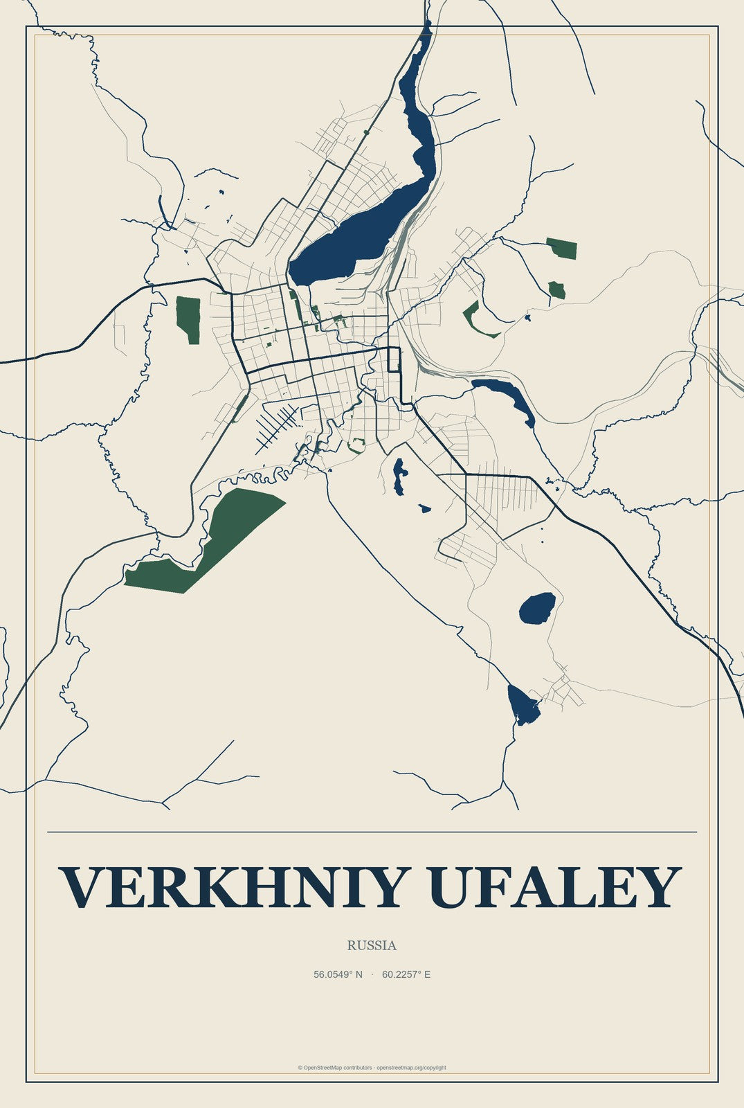 Verkhniy Ufaley, Russia City Map Aluminum Sign in Coastal Cutout style