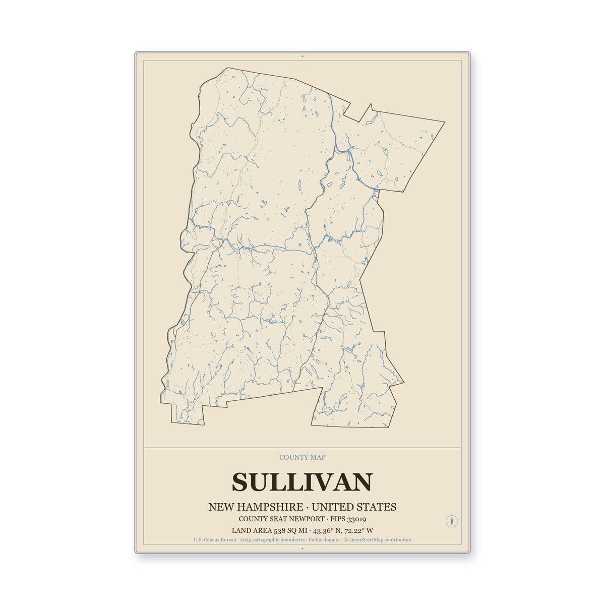 Sullivan County, New Hampshire Map Aluminum Sign in Heritage Nautical style
