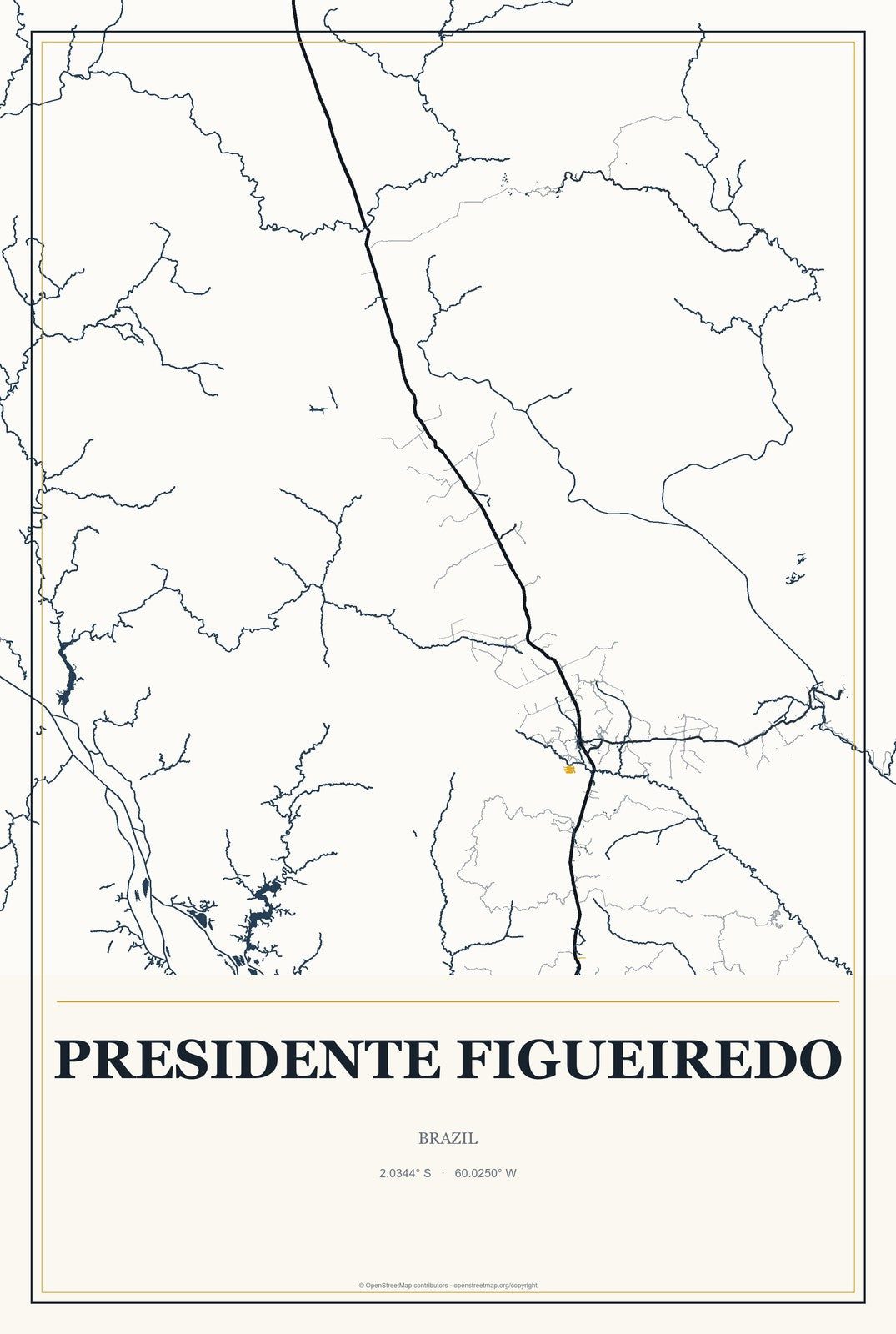 Presidente Figueiredo, Brazil City Map Aluminum Sign in Citrine Modern style