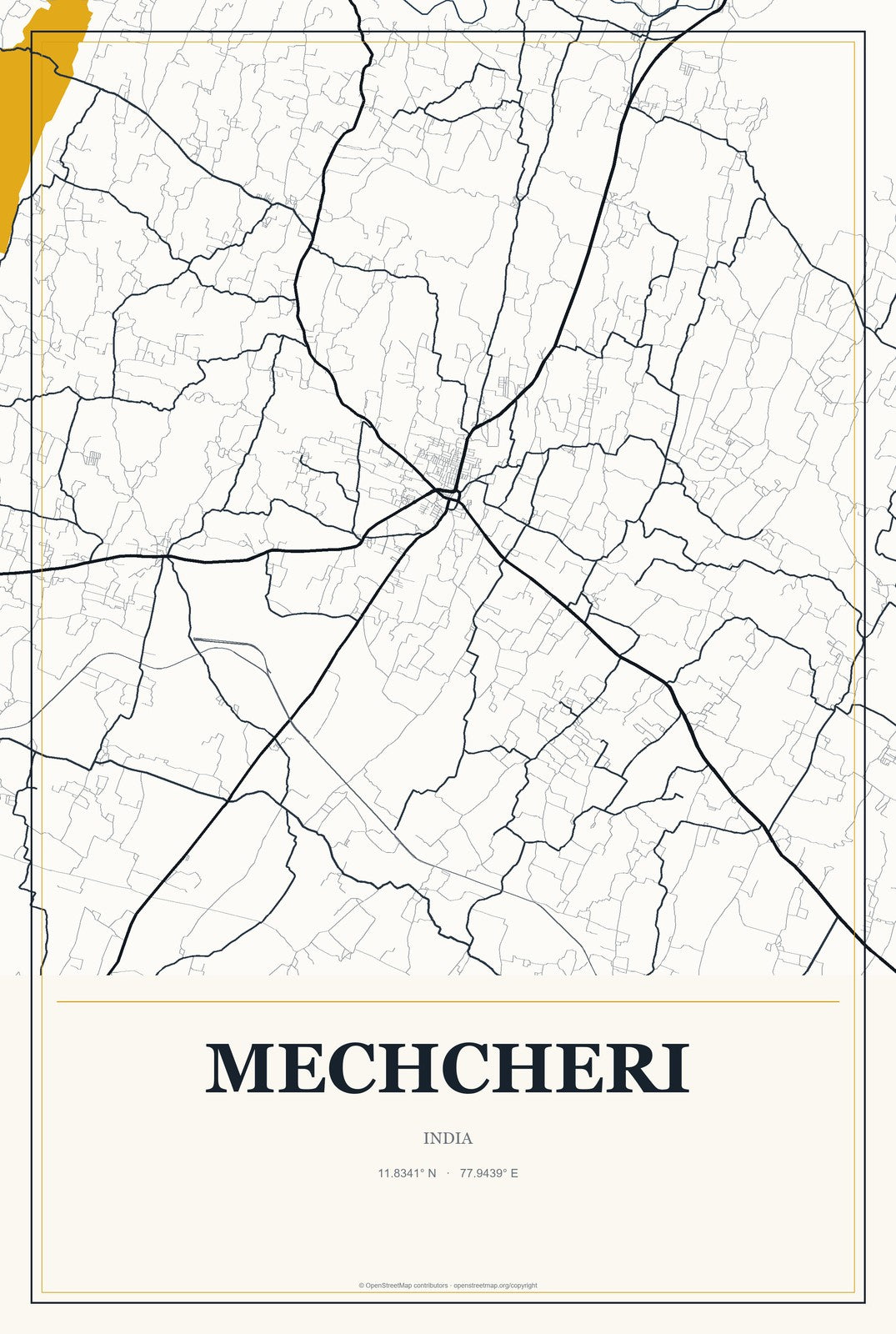 Mechcheri, India City Map Aluminum Sign in Citrine Modern style