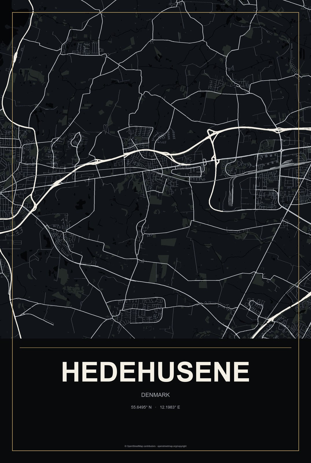 Hedehusene, Denmark City Map Aluminum Sign in Metropolitan Noir style