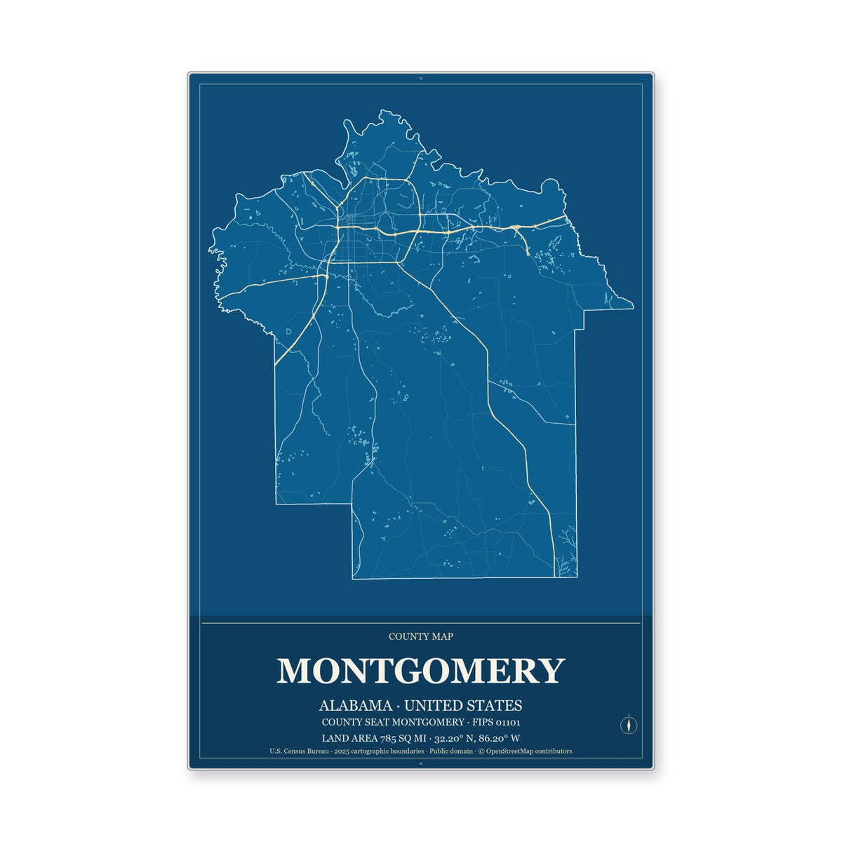 Montgomery County, Alabama Map Aluminum Sign in Harbor Cobalt style