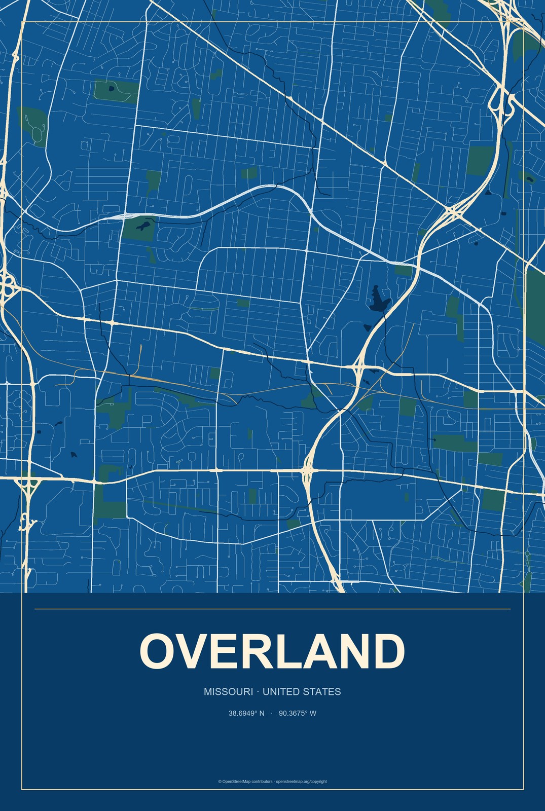 Overland, Missouri City Map Aluminum Sign in Harbor Cobalt style