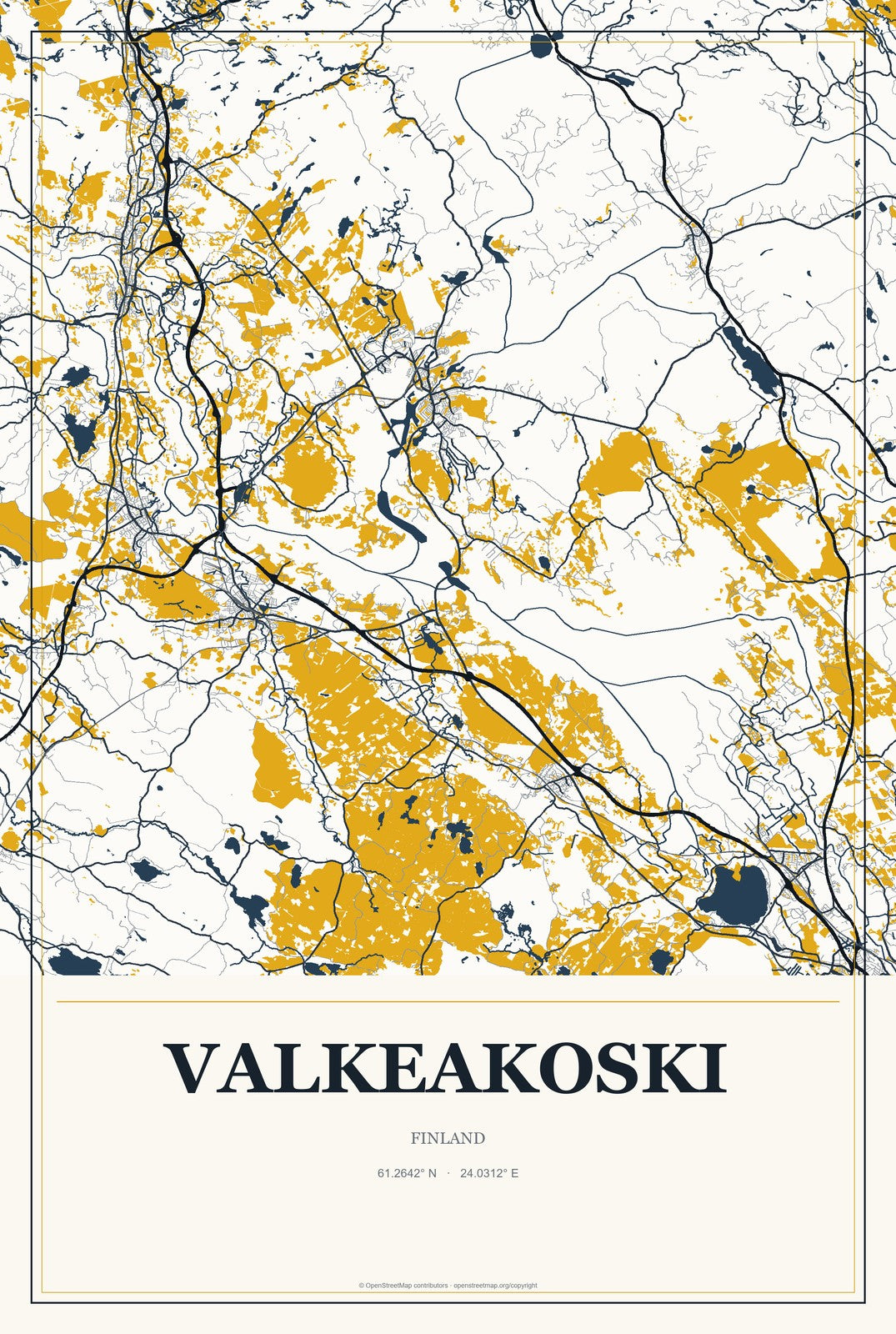 Valkeakoski, Finland City Map Aluminum Sign in Citrine Modern style