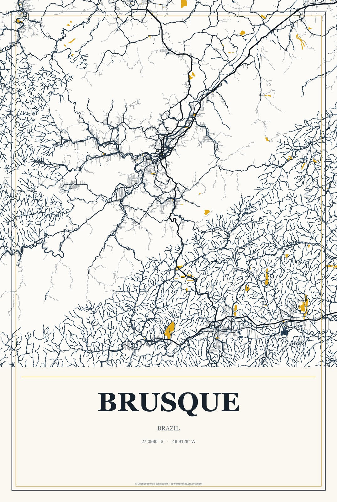 Brusque, Brazil City Map Aluminum Sign in Citrine Modern style
