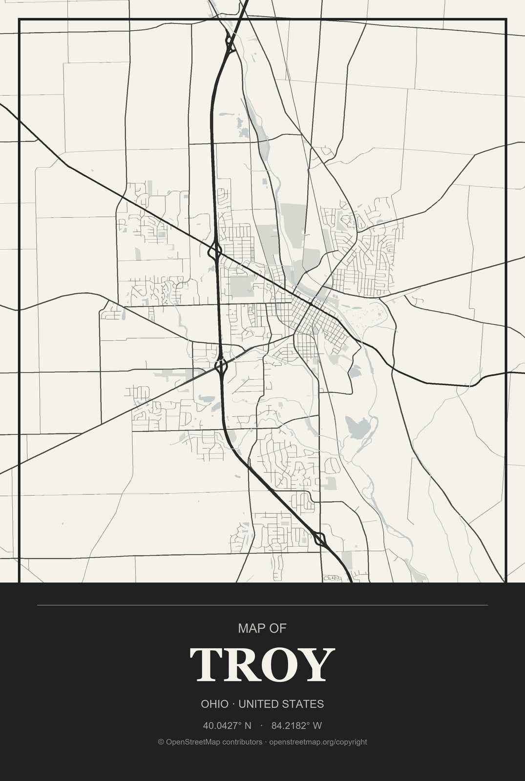 Troy, Ohio City Map Aluminum Sign in Museum Plaque style