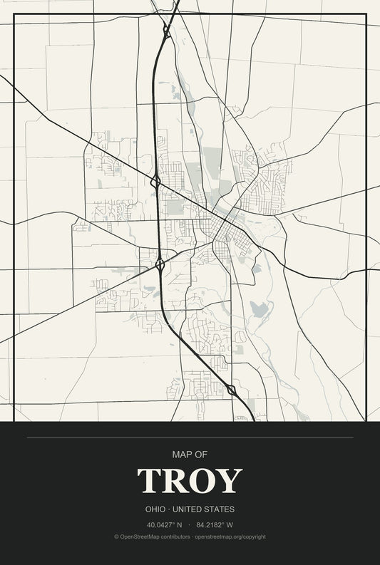 Troy, Ohio City Map Aluminum Sign in Museum Plaque style