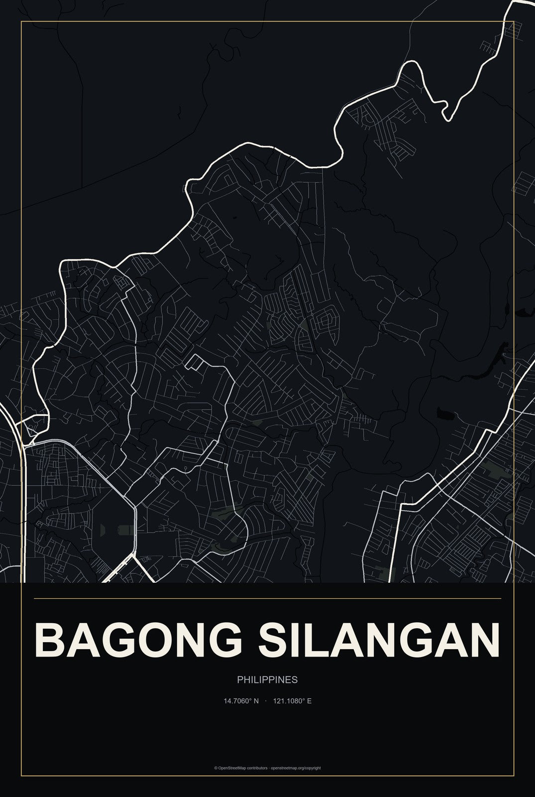 Bagong Silangan, Philippines City Map Aluminum Sign in Metropolitan Noir style