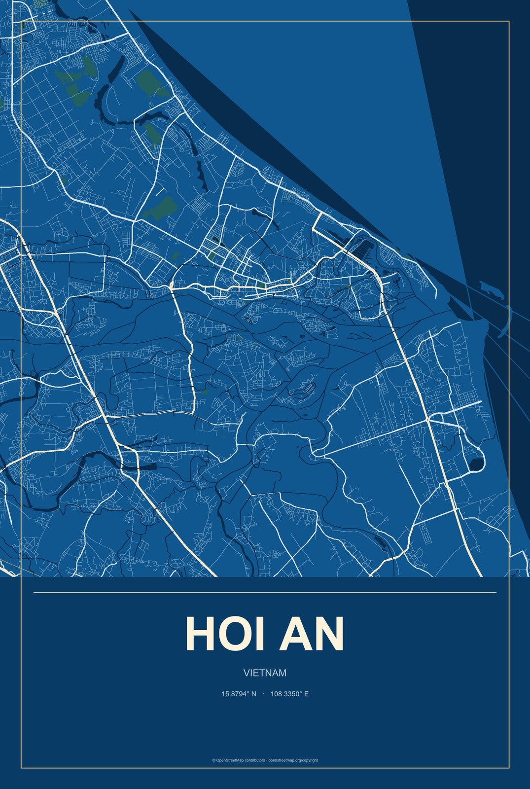Hoi An, Vietnam City Map Aluminum Sign in Harbor Cobalt style