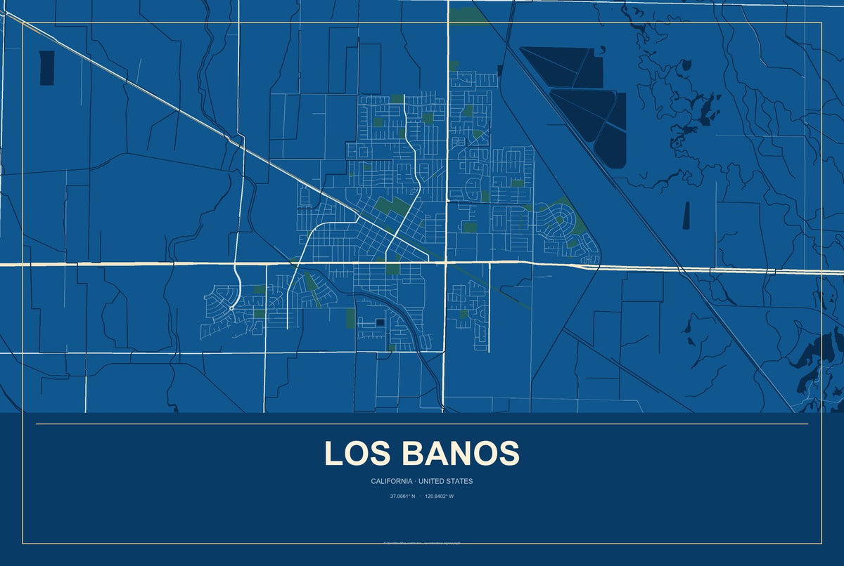 Los Banos, California City Map Aluminum Sign in Harbor Cobalt style