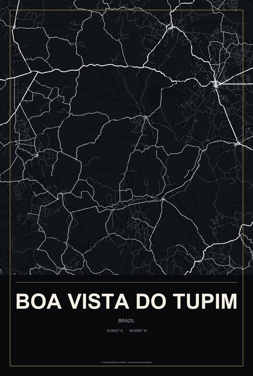 Boa Vista do Tupim, Brazil City Map Aluminum Sign in Metropolitan Noir style