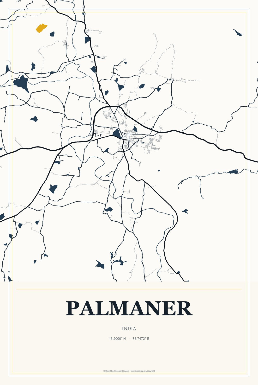 Palmaner, India City Map Aluminum Sign in Citrine Modern style