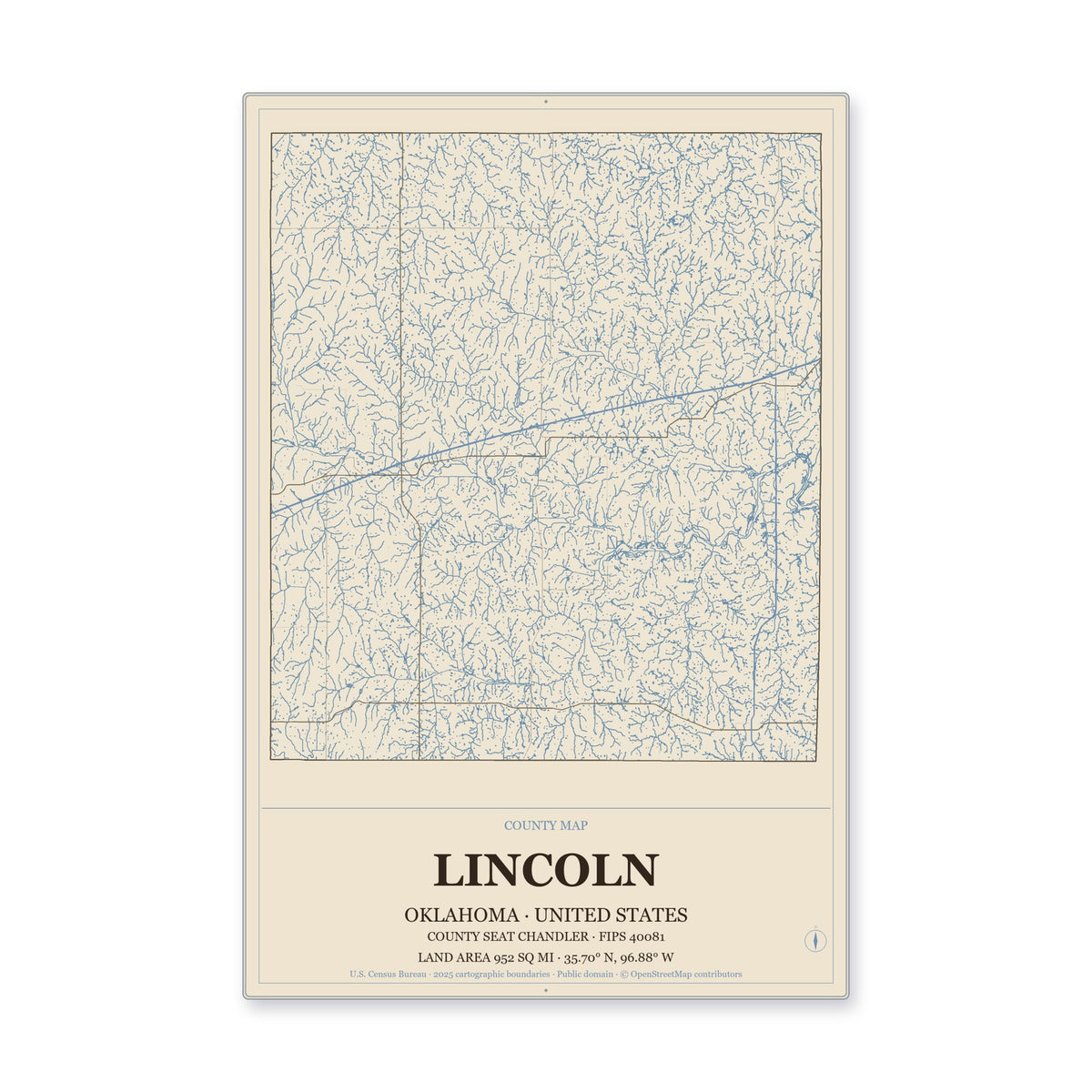 Lincoln County, Oklahoma Map Aluminum Sign in Heritage Nautical style
