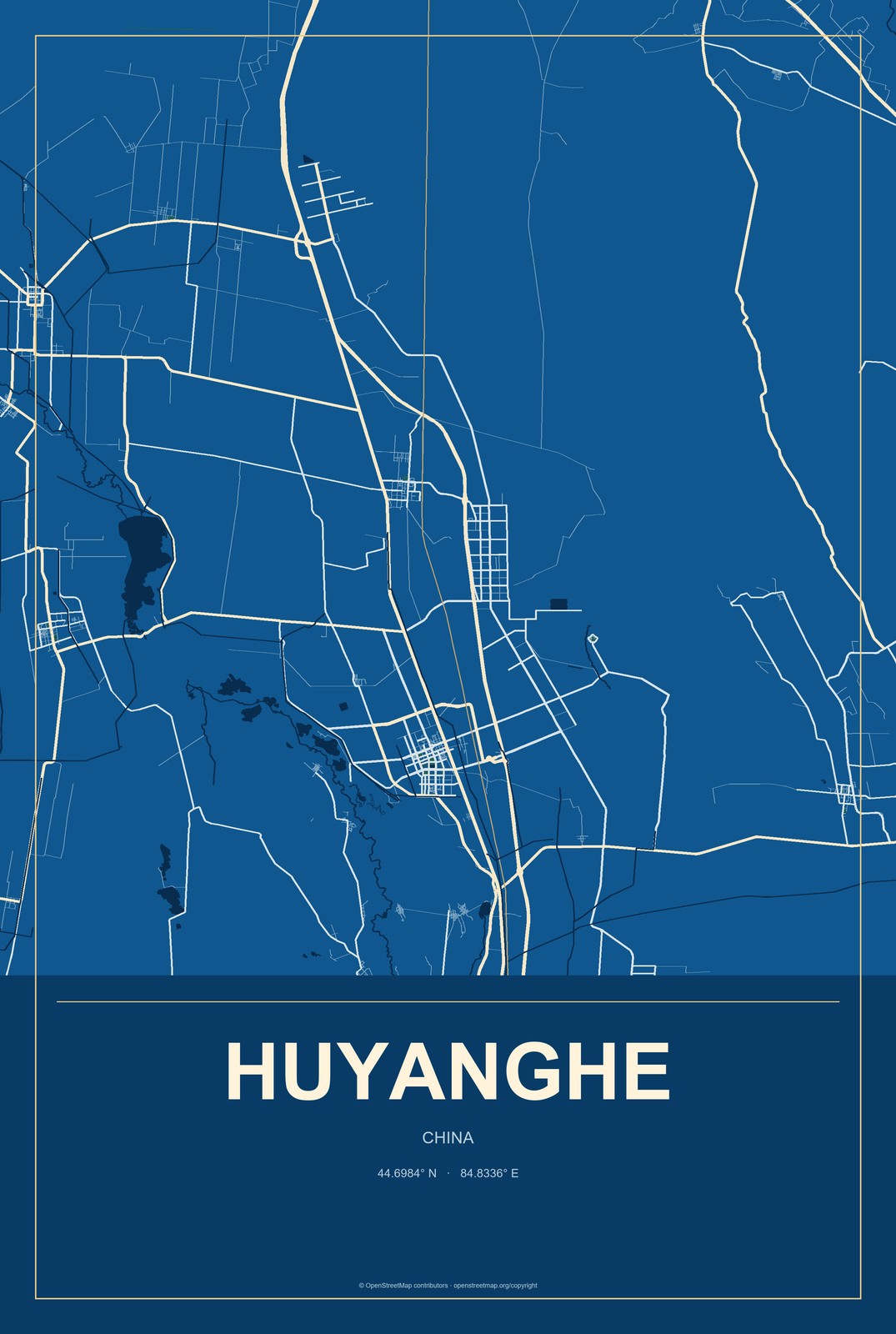 Huyanghe, China City Map Aluminum Sign in Harbor Cobalt style