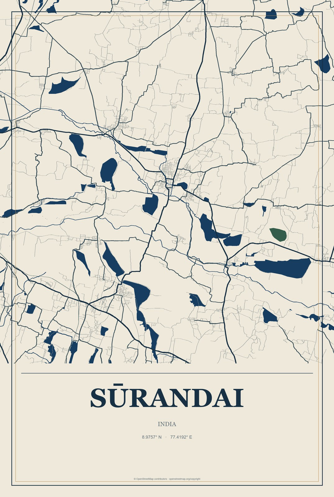 Sūrandai, India City Map Aluminum Sign in Coastal Cutout style