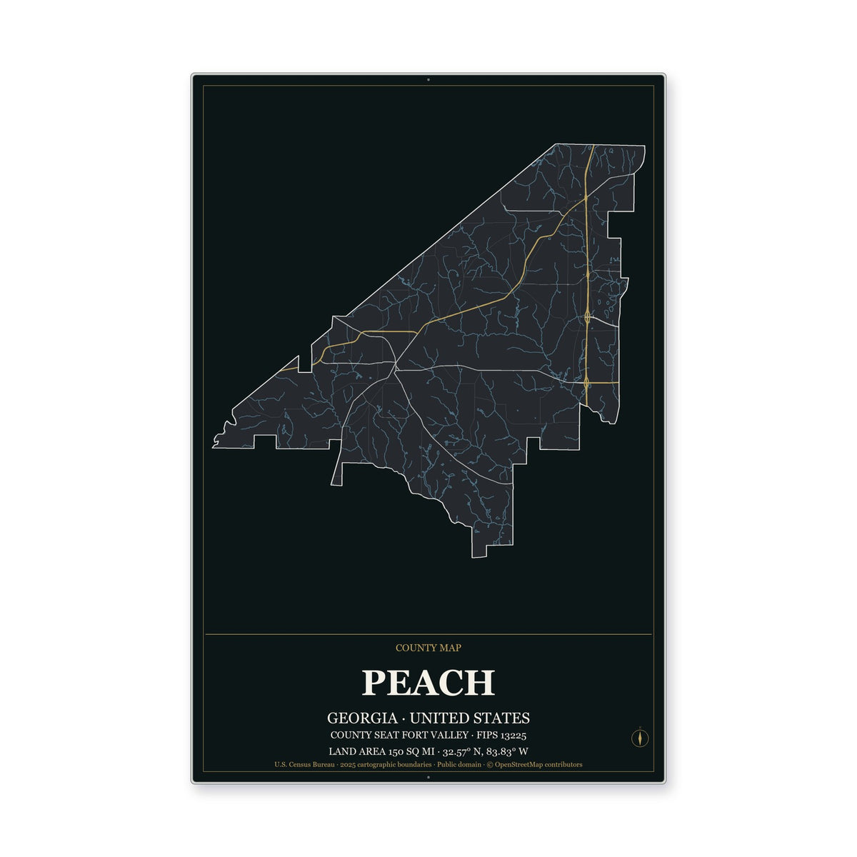 Peach County, Georgia Map Aluminum Sign in Metropolitan Noir style