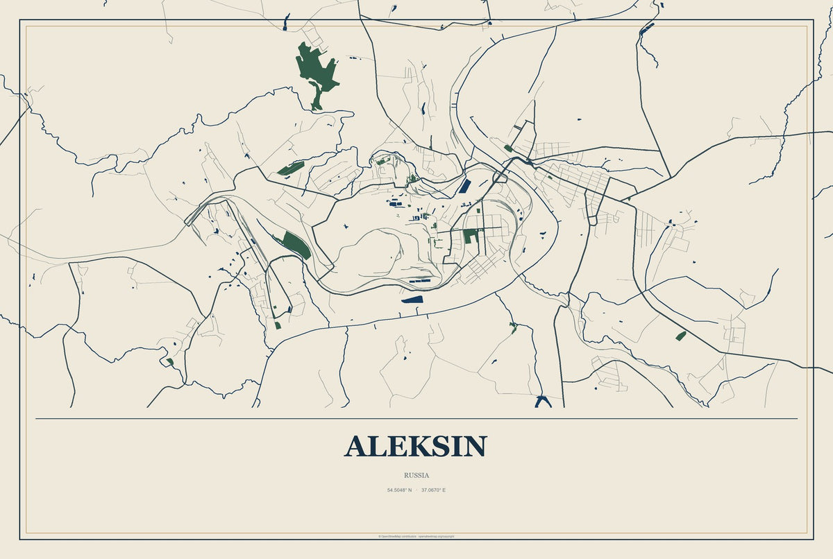 Aleksin, Russia City Map Aluminum Sign in Coastal Cutout style