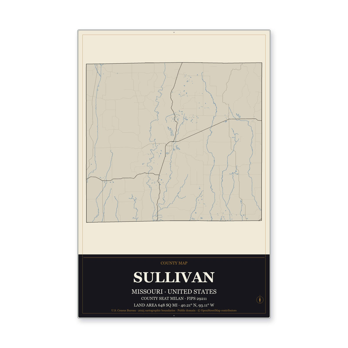 Sullivan County, Missouri Map Aluminum Sign in Museum Plaque style