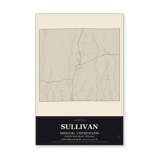 Sullivan County, Missouri Map Aluminum Sign in Museum Plaque style