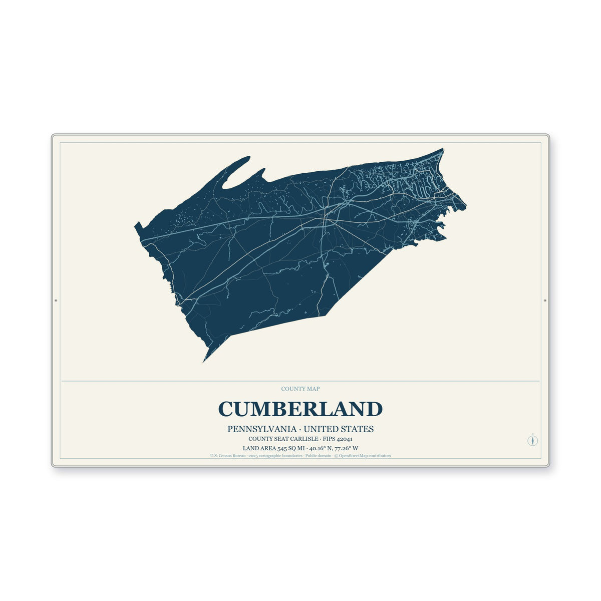 Cumberland County, Pennsylvania Map Aluminum Sign in Coastal Cutout style