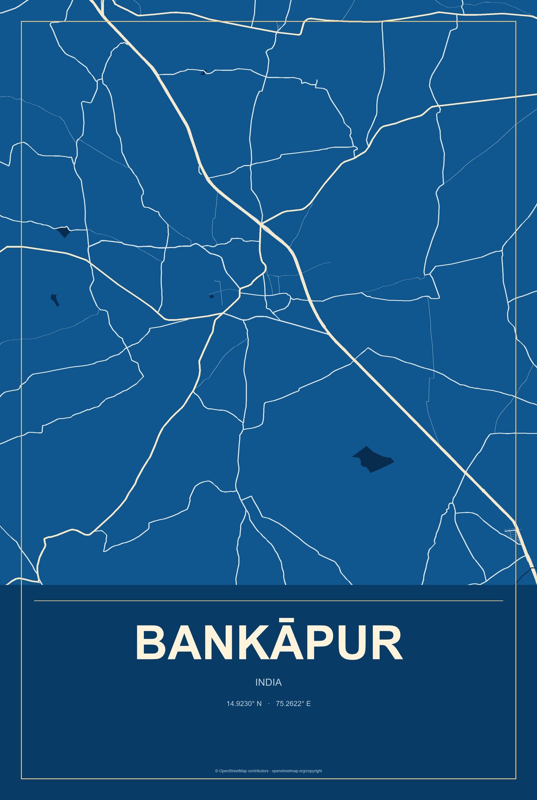Bankāpur, India City Map Aluminum Sign in Harbor Cobalt style