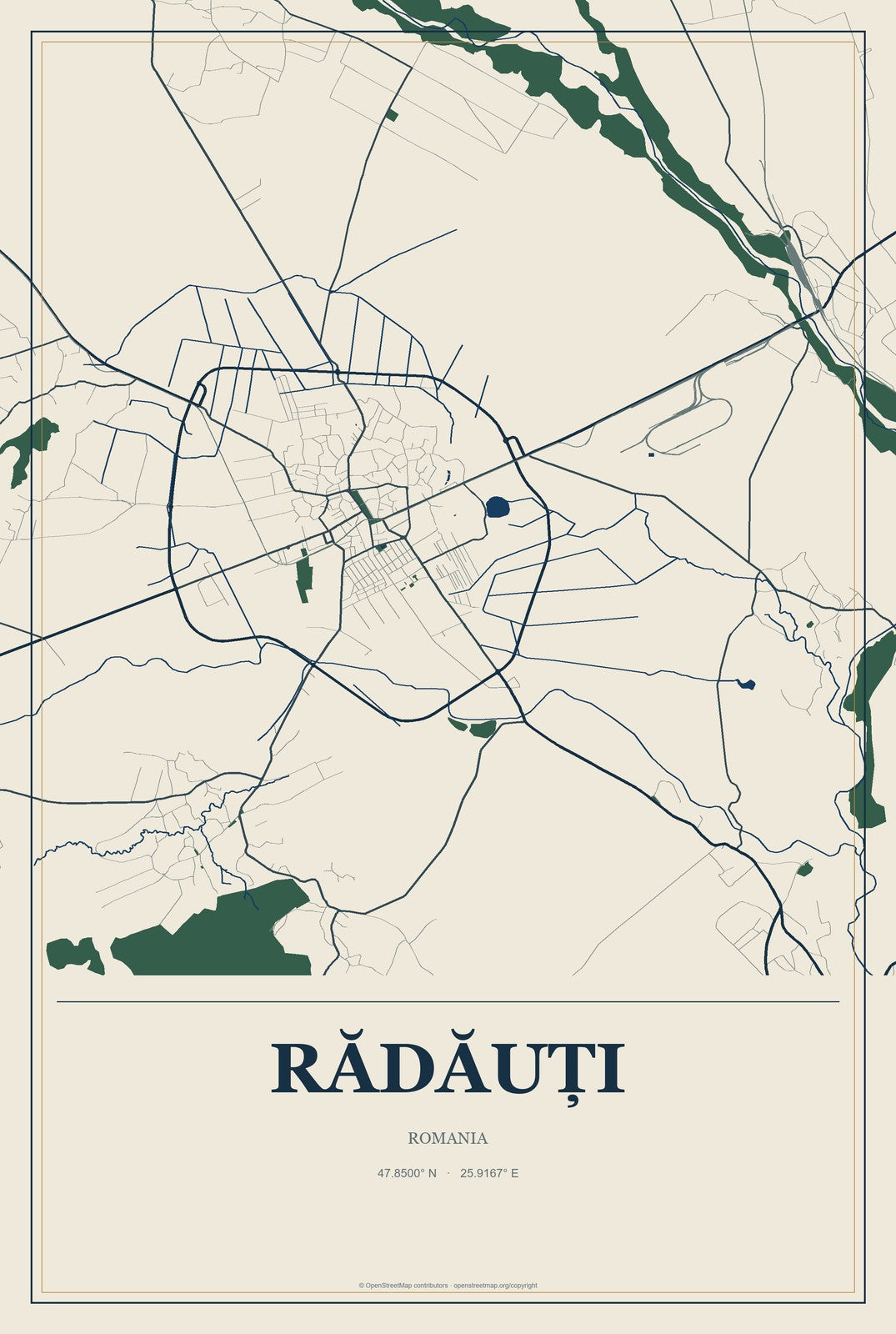 Rădăuți, Romania City Map Aluminum Sign in Coastal Cutout style