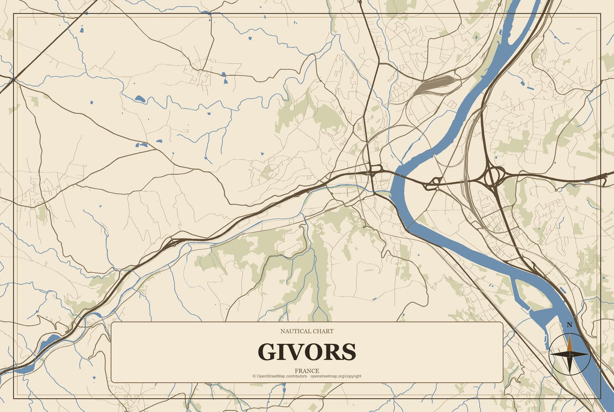 Givors, France City Map Aluminum Sign in Heritage Nautical style