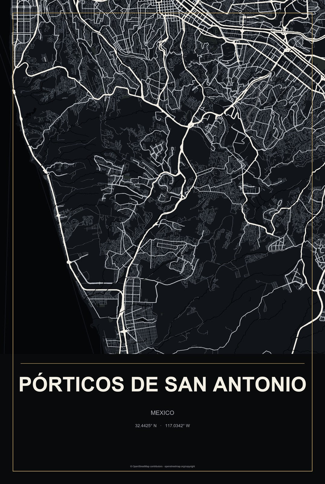 Pórticos de San Antonio, Mexico City Map Aluminum Sign in Metropolitan Noir style