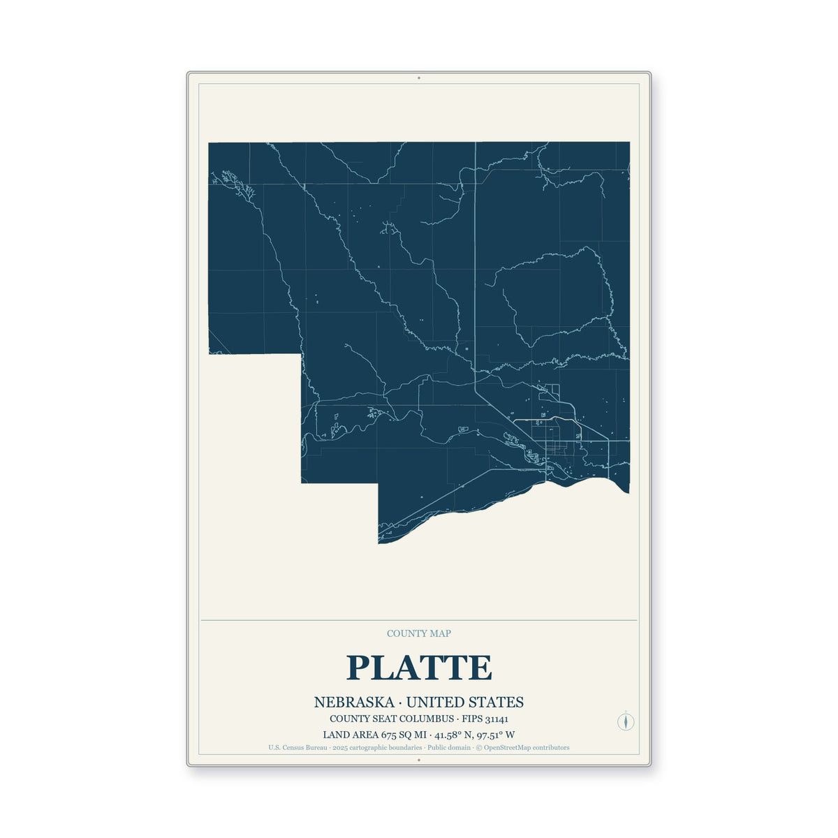 Platte County, Nebraska Map Aluminum Sign in Coastal Cutout style