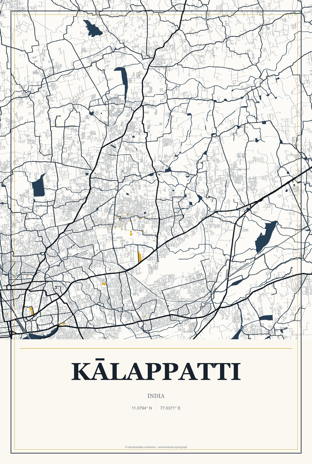Kālappatti, India City Map Aluminum Sign in Citrine Modern style