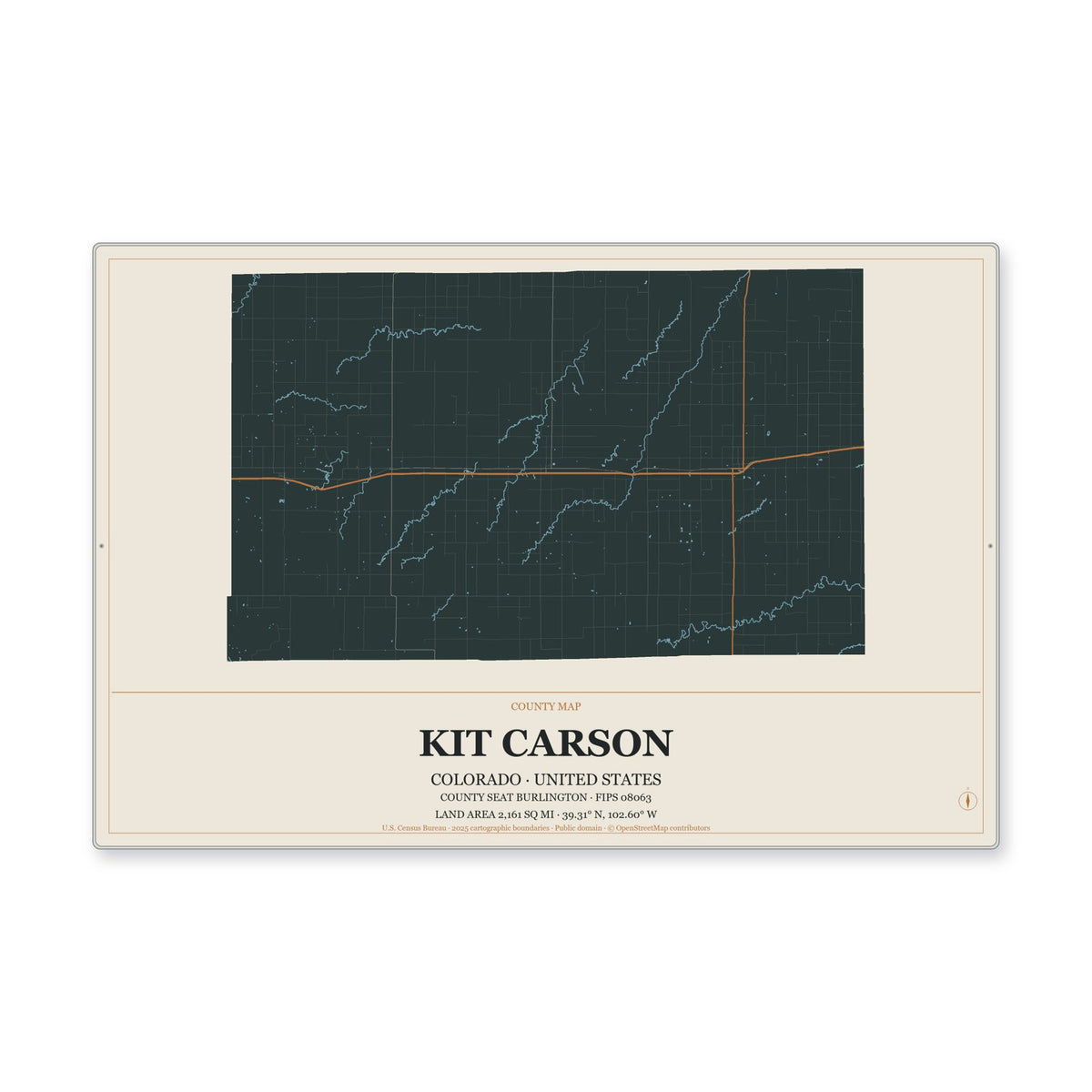 Kit Carson County, Colorado Map Aluminum Sign in Headline Atlas style